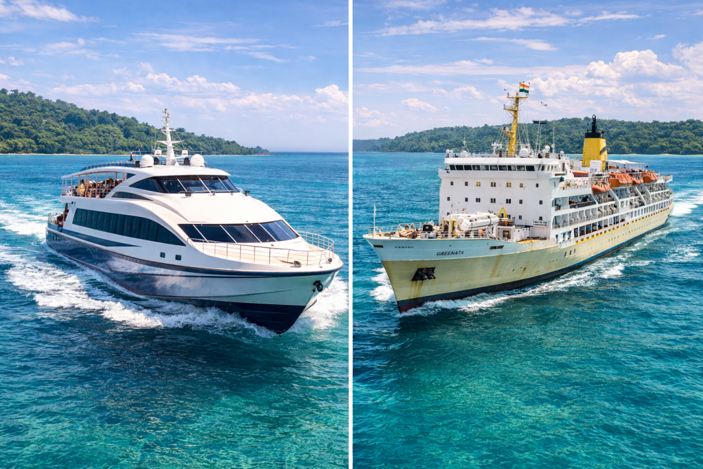 Visual comparison of ferry vs ship in Andaman waters